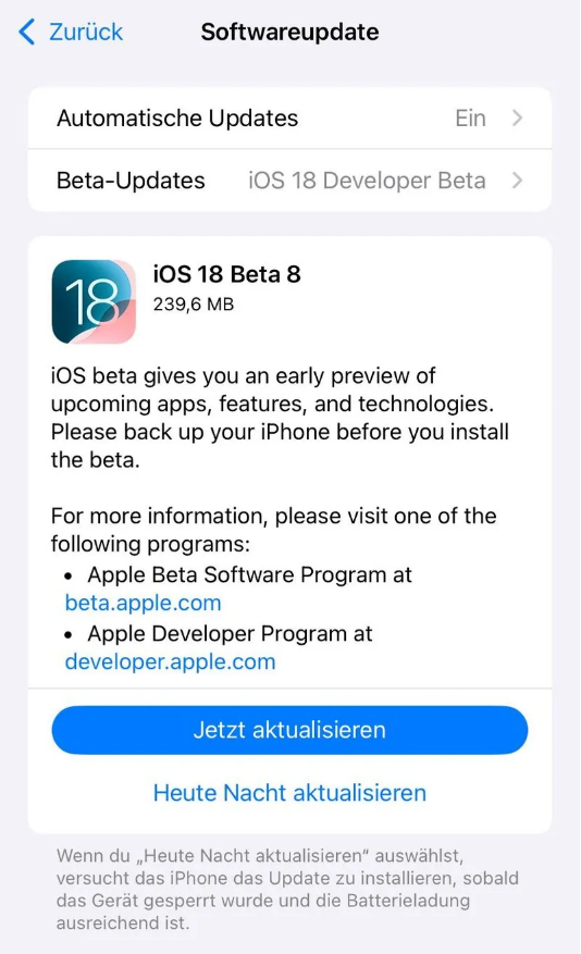 昭觉苹果手机维修分享苹果 iOS / iPadOS 18 开发者预览版 Beta 8 发布 